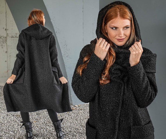 Black Wool Coat Hooded Coat Plus Size Winter Coat Long Coat | Etsy
