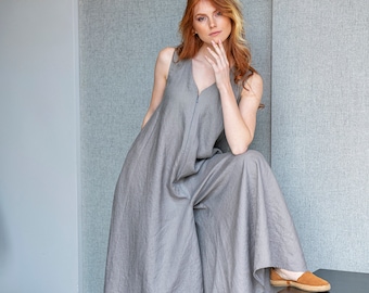 Maxi robe combinaison en lin, combinaison en lin grise, combinaison ample, combinaison longue pour femme, barboteuse surdimensionnée pour femme, vêtements en lin grande taille