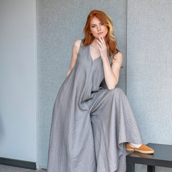 Linen Maxi Jumpsuit Dress, Gray Linen Jumpsuit, Wide Leg Jumpsuit, Maxi Jumpsuit for Women, Oversized Romper Women,Plus Size Linen Clothing