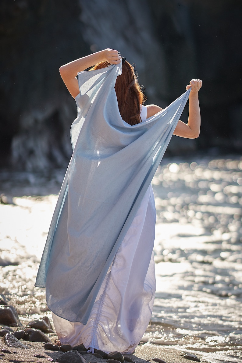 Linen Scarf Women, Summer Linen Scarf, Women Linen Shawl, Linen Maxi Scarf, Linen Accessories, Linen Wrap Scarf, Light Blue Linen Scarf image 3