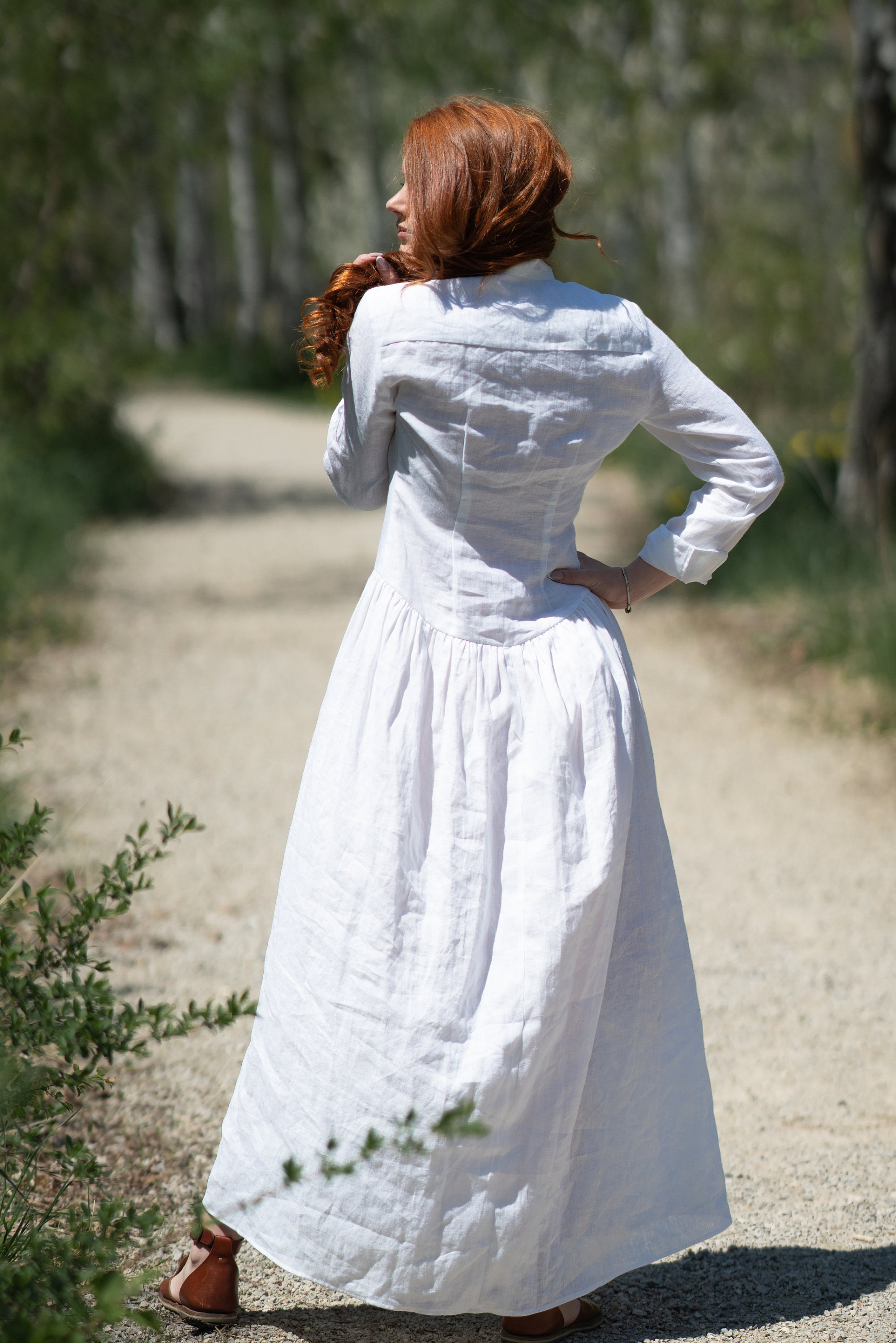ワンピース Linen Maxi Dress Linen Maxi Dress: White, Buttons - Casual Shirt Style - Etsy