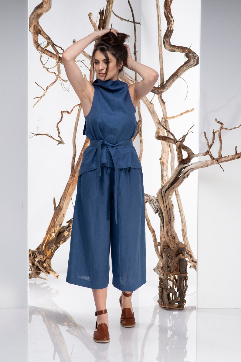 Boho Linen Pants Linen Pants Minimalist Clothing Wide Leg Pants Blue Pants Plus Size Clothing Women Pants Oversize Pants Capri Pants