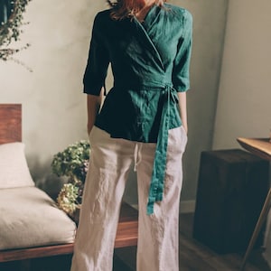 Linen Wrap Top, Emerald Green Linen Top, Linen Wrap Shirt, Casual Linen Tunic, Linen Wrap Blouse, Linen Kimono Top, Linen Clothing for Women image 6