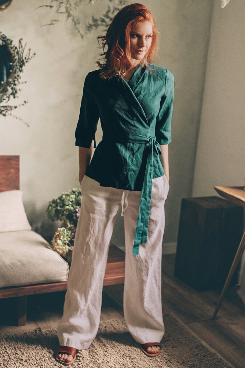 Linen Wrap Top, Emerald Green Linen Top, Linen Wrap Shirt, Casual Linen Tunic, Linen Wrap Blouse, Linen Kimono Top, Linen Clothing for Women image 6