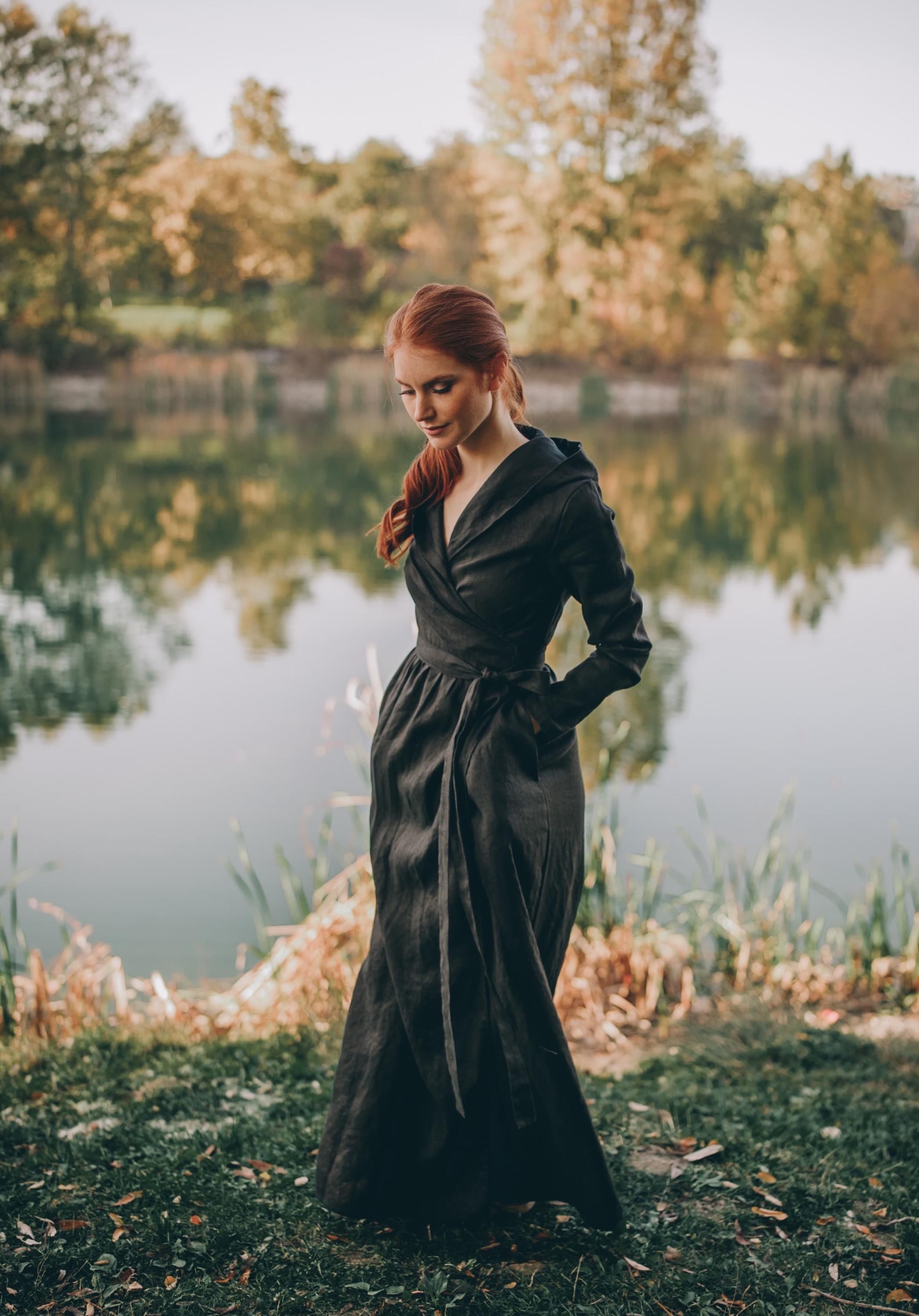 Hooded Heavy Linen Wrap Dress: Black Maxi Dress With Pockets, Fall Clothing