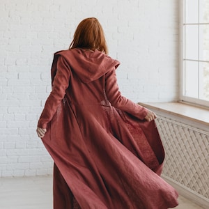 Linen Coat Women, Linen Duster, Linen Cardigan Coat, Moroccan Red Linen Coat, Tie Waist Cardigan Coat, Heavy Linen Clothing, Fall Clothing