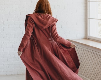 Manteau en lin femme, cache-poussière en lin, cardigan en lin, manteau en lin rouge marocain, cardigan à nouer à la taille, vêtements en lin épais, vêtements d'automne