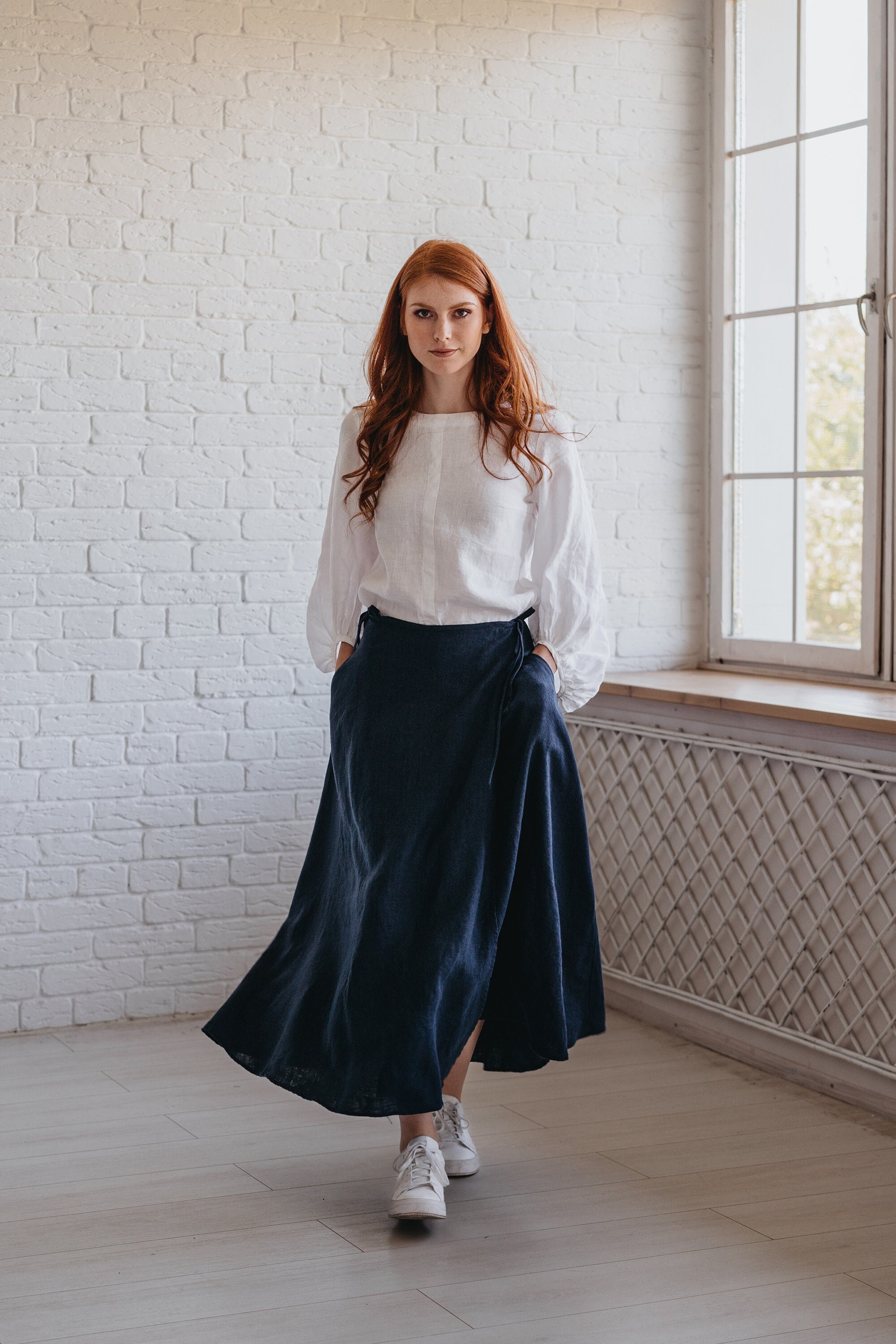 スカート HYKE LINEN WRAP SKIRT size2 Heavy Linen Wrap Skirt: Night Blue Midi Skirt With Pockets - Etsy