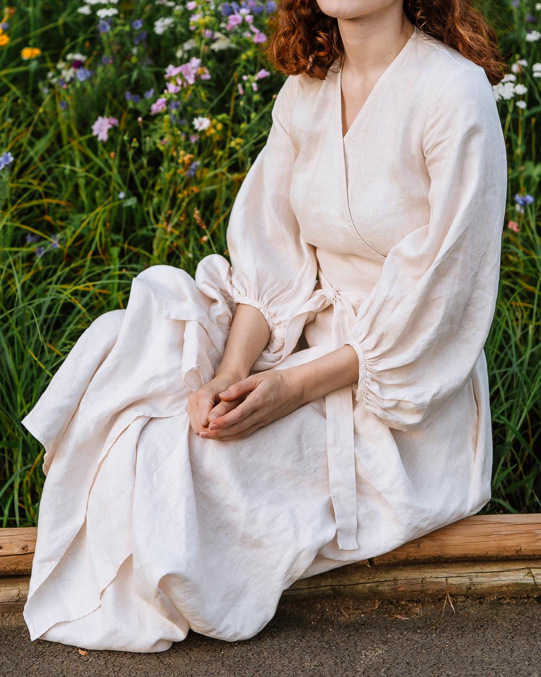Linen Wrap Dress with Puff Sleeves, Feminine Linen Dress, Bell Sleeve Dress, Bohemian Wedding Dress, Dress for Women, Wedding Guest Dress