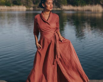 Linen Wrap Dress in Moroccan Red, Maxi Length, Shawl Collar, Pockets