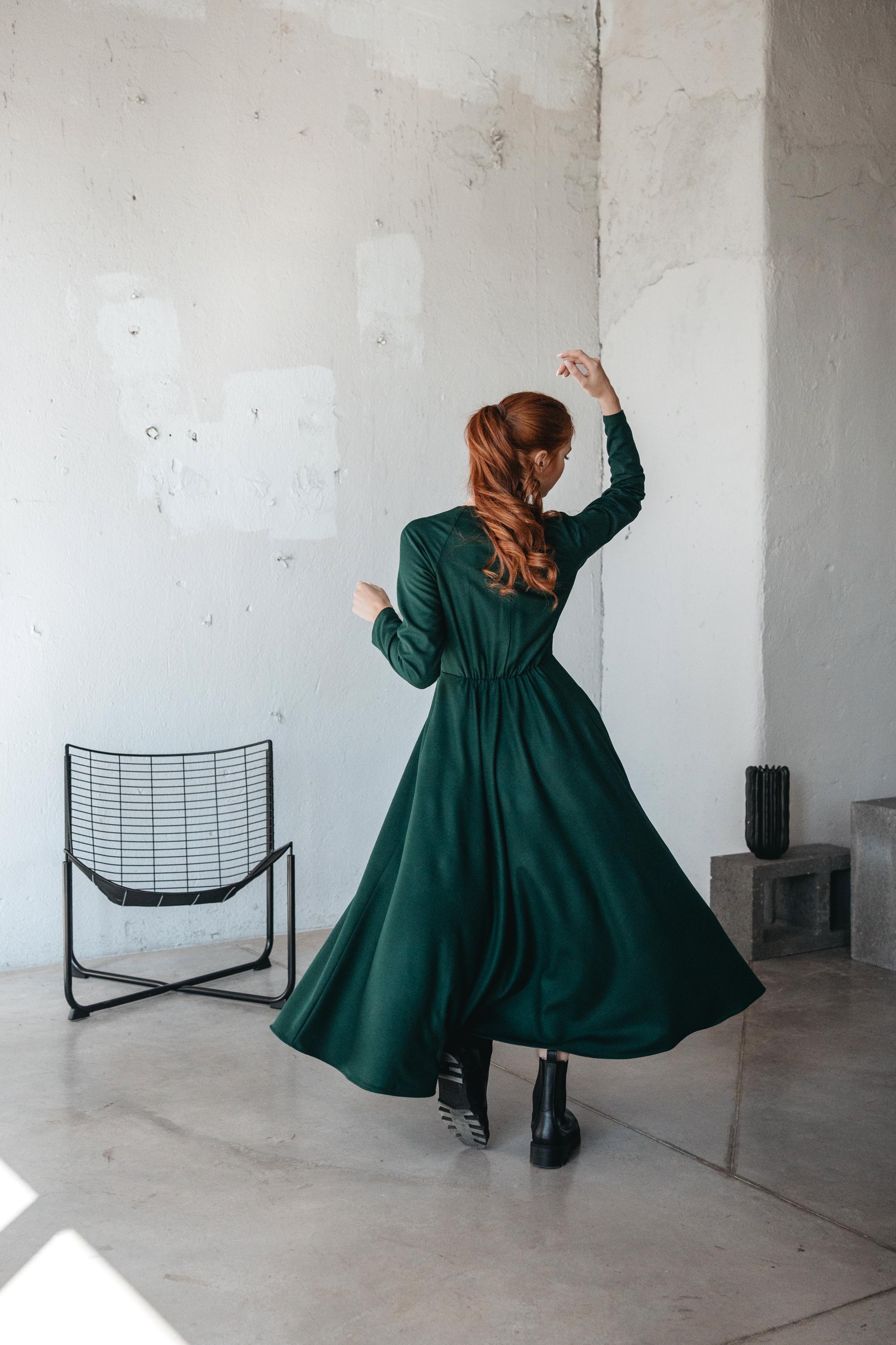 Wool Maxi Dress, Long Sleeve, Faux Wrap Style, Formal Fall Clothing