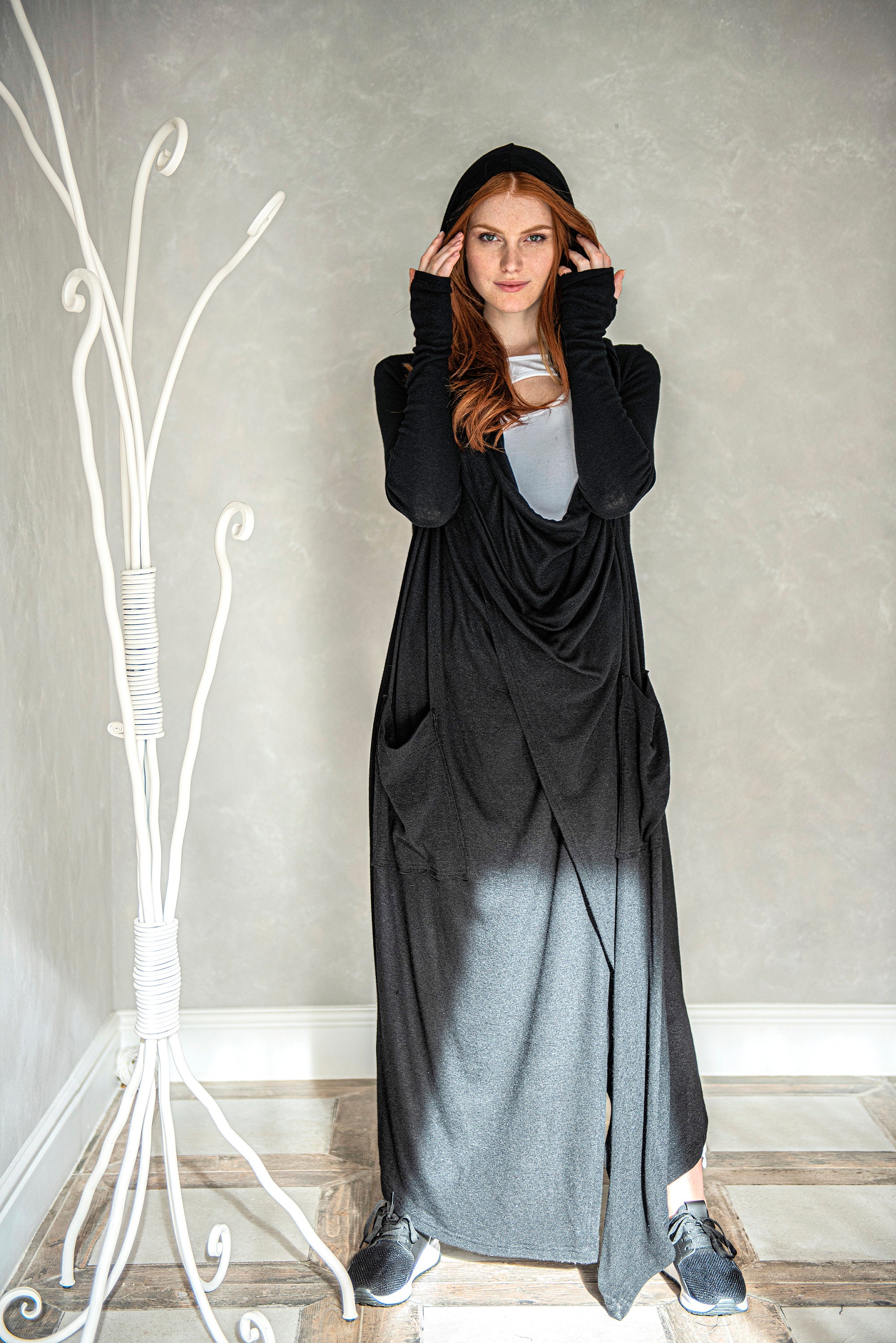 long hooded cardigan outfit