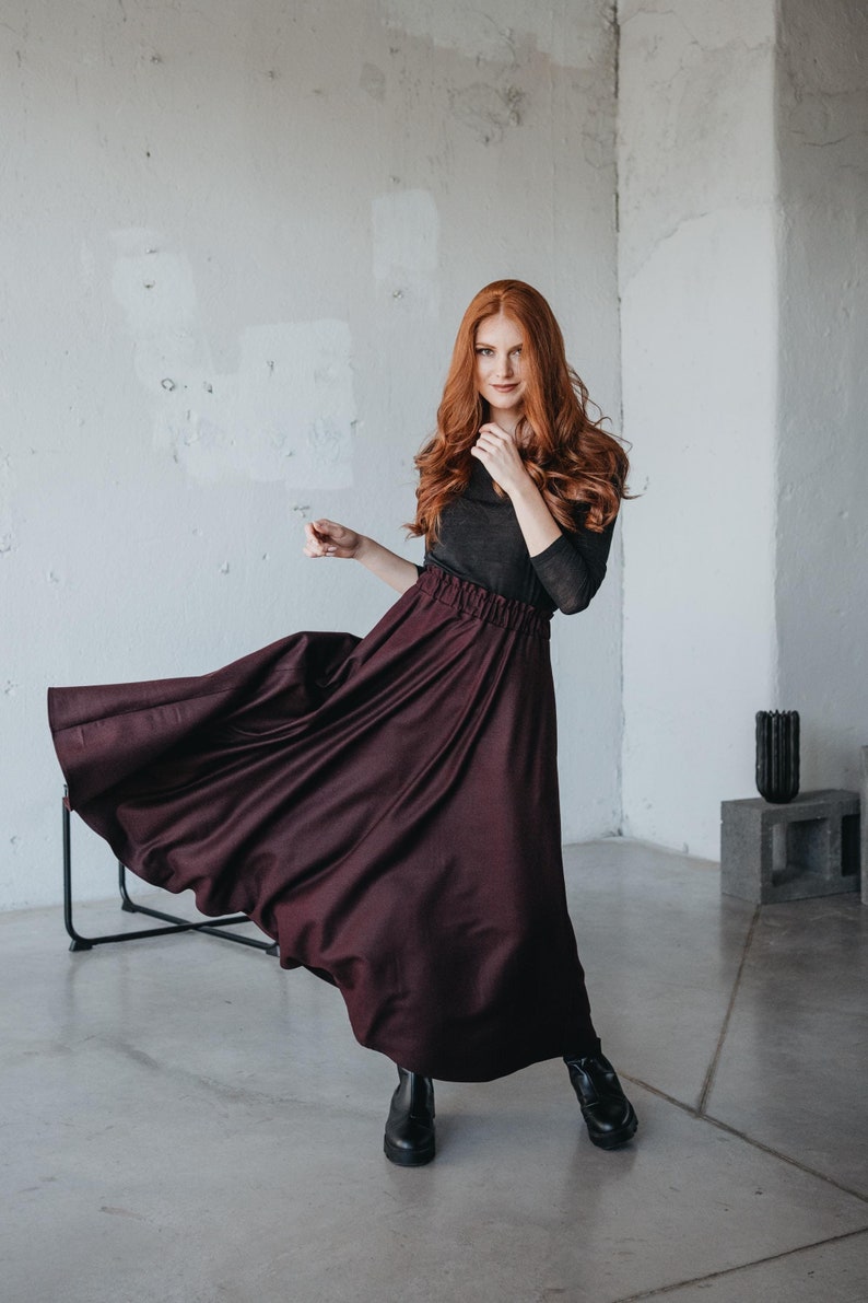 Burgundy Wool Skirt for Women, Winter Skirt with Pockets, High Waist Skirt, Wool Maxi Skirt with Elastic Waist, Plus Size Skirt,Autumn Skirt