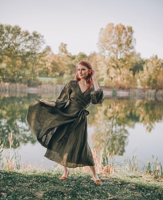 Military Green Linen Wrap Dress: Bell Sleeves & Pockets