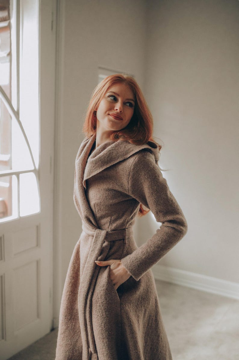 Wool Maxi Cardigan Coat: Hooded, Belted, with Pockets, Fall Winter Clothing image 11