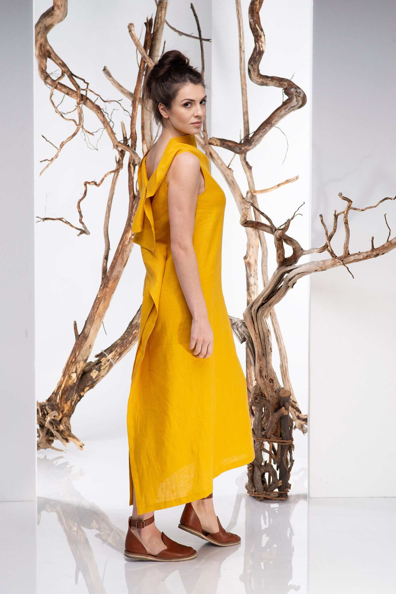 Mustard Linen Dress Linen Clothing Women Ruffle Linen Dress Etsy