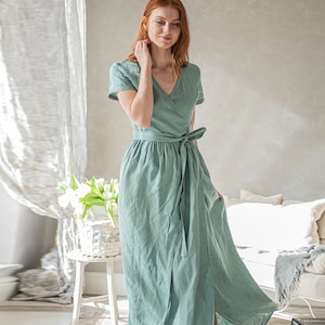 Summer Maxi Dress, Linen Dress, Wrap Dress, Linen Maxi Dress, Long Linen Dress, Turquoise Linen Dress, Linen Kaftan, Natural Linen Dress