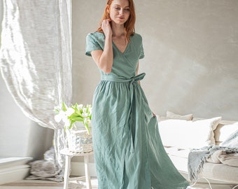 Summer Maxi Dress, Linen Dress, Wrap Dress, Linen Maxi Dress, Long Linen Dress, Turquoise Linen Dress, Linen Kaftan, Natural Linen Dress