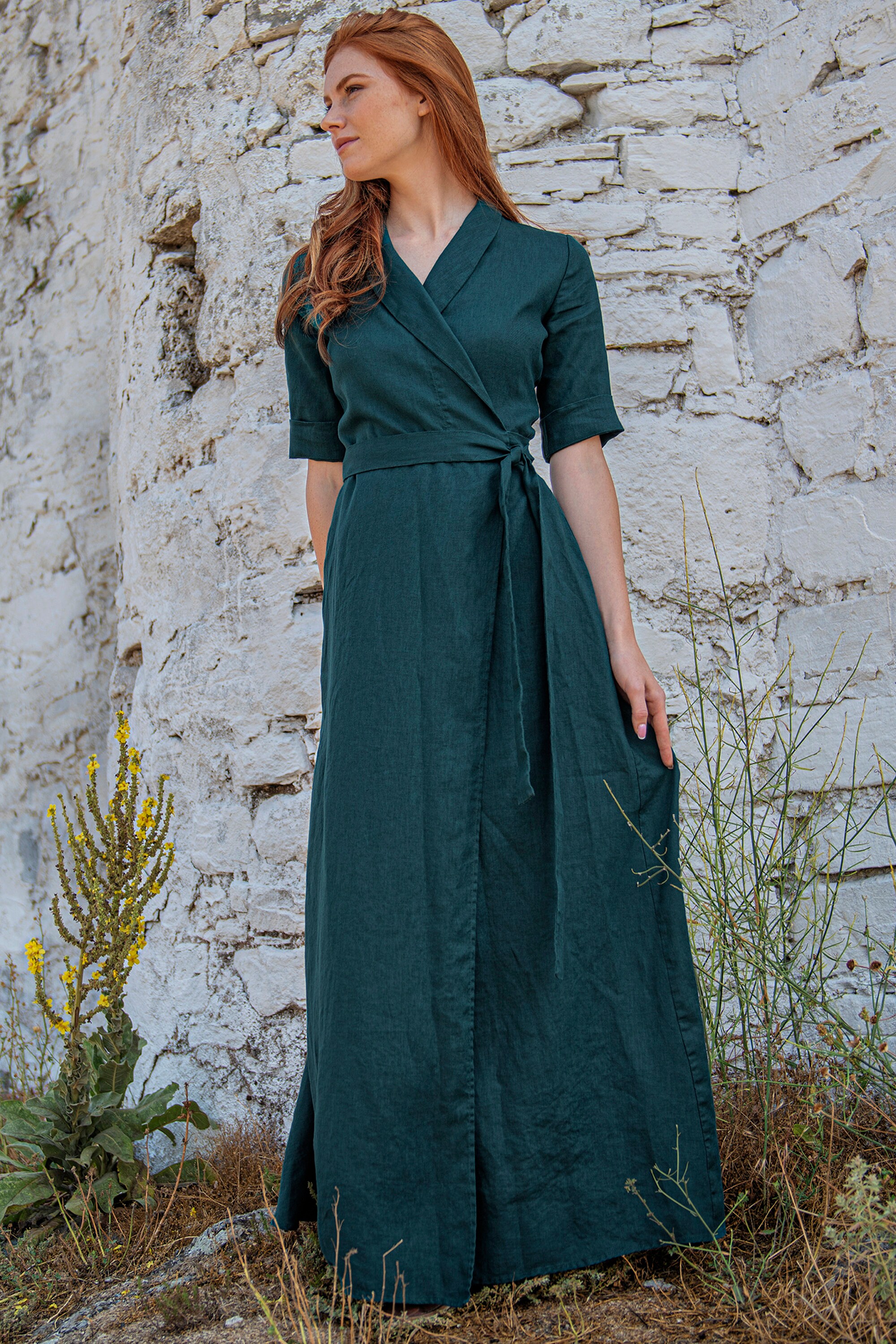 Long Linen Summer Dress for Women - Long Sleeve Linen Maxi Dress - Linen Wedding Guest Dress - Linen Wrap Dress - Linen Kaftan, XS / Natural