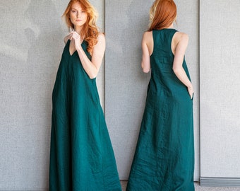 Summer Maxi Dress, Minimalist Linen Sleeveless Dress, Deep Green Linen Dress for Women, Linen Maxi Dress, Plus Size Dress, Linen Clothing