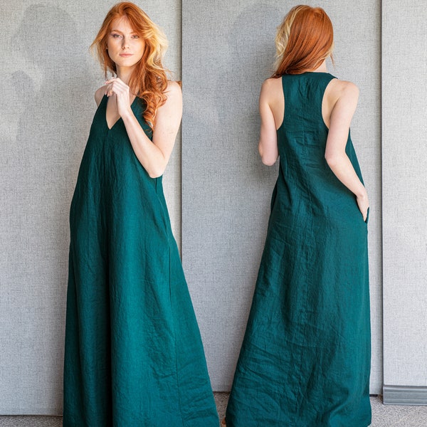 Summer Maxi Dress, Minimalist Linen Sleeveless Dress, Deep Green Linen Dress for Women, Linen Maxi Dress, Plus Size Dress, Linen Clothing