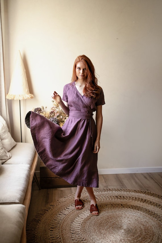 Purple Linen Midi Dress, Tie Waist Summer Dress With Pockets - Etsy Norway