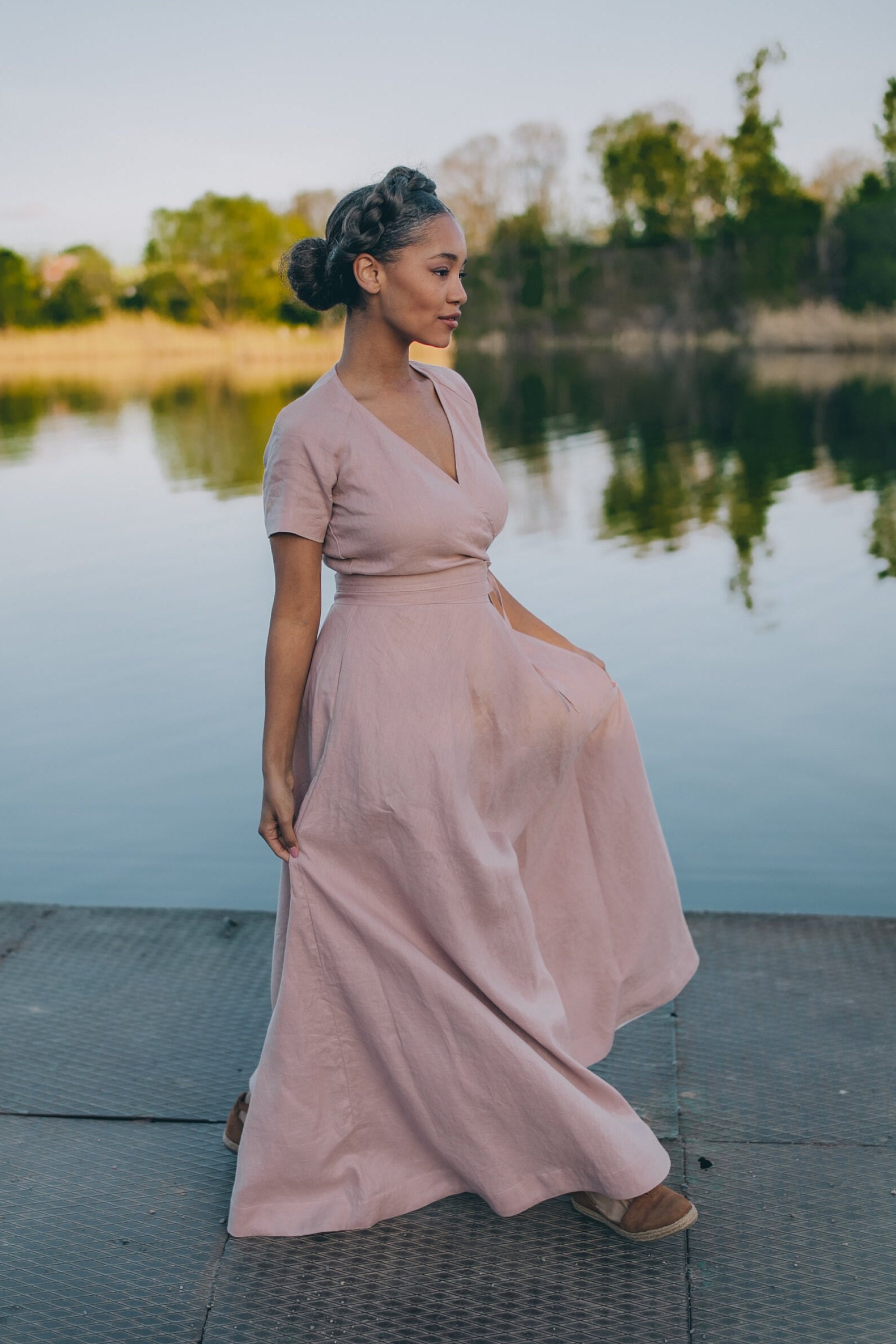 Linen Wrap Dress - Linen Maxi Dress in Cream - Short Sleeve Summer Linen Dress - Long Linen Dress with Pockets - Classic Linen Dress, M / Vintage Pink Linen Wrap Dress - Linen Maxi Dress in Cream - Short Sleeve Summer Linen Dress - Long Linen Dress with Pockets - Classic Linen Dress, M / Vintage Pink