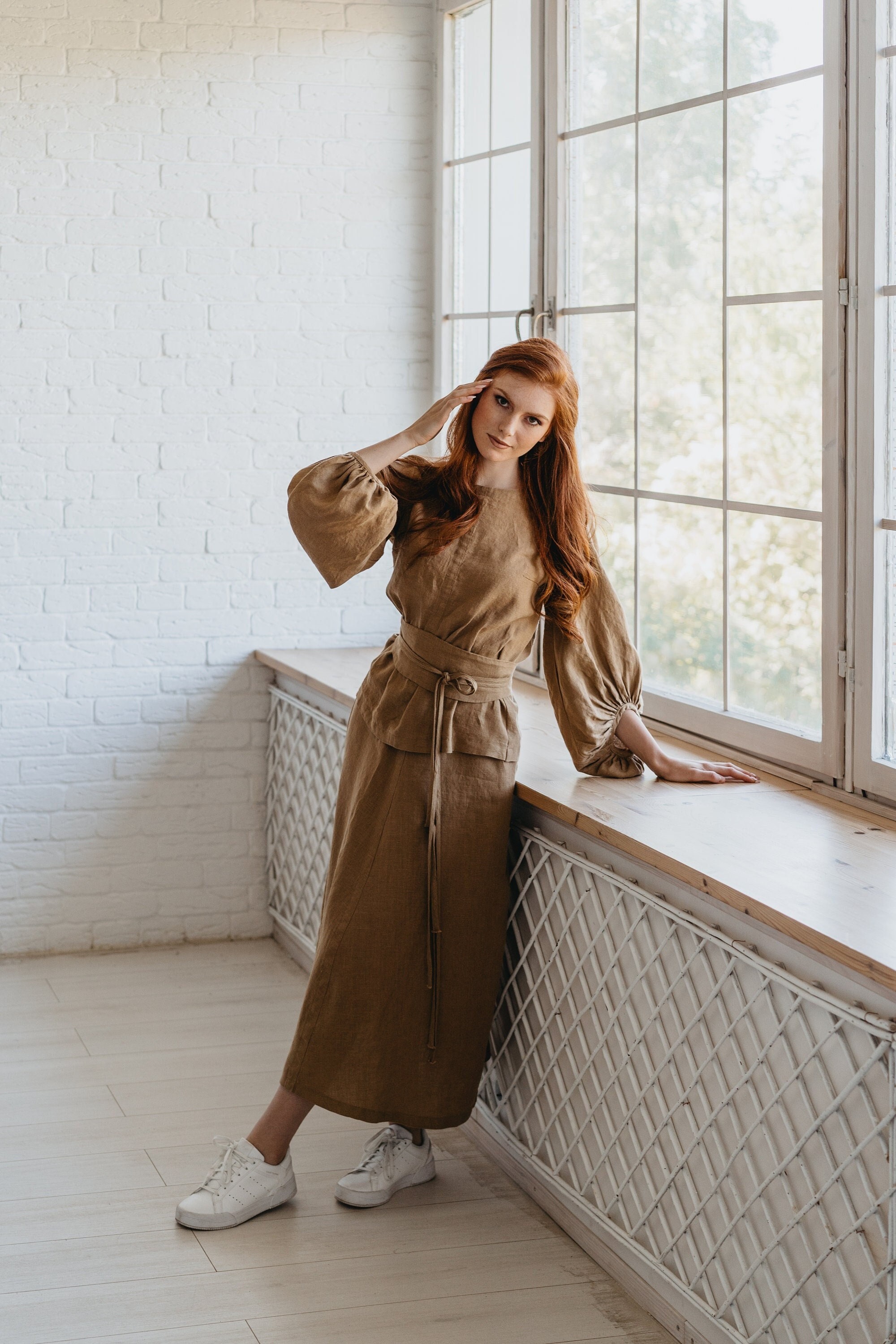 Linen Victorian Blouse in Camel Color, Puff Sleeve Linen Top