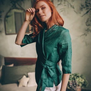 Linen Wrap Top, Emerald Green Linen Top, Linen Wrap Shirt, Casual Linen Tunic, Linen Wrap Blouse, Linen Kimono Top, Linen Clothing for Women image 3