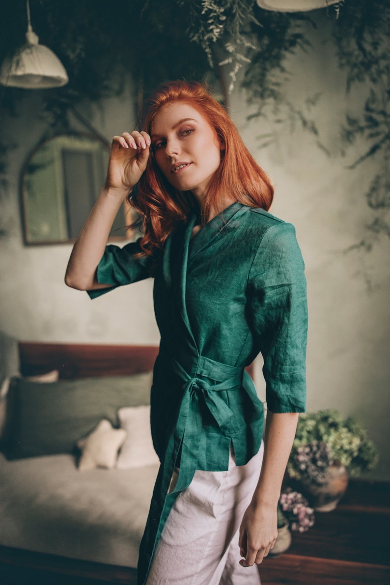 Linen Wrap Top, Emerald Green Linen Top, Linen Wrap Shirt, Casual Linen Tunic, Linen Wrap Blouse, Linen Kimono Top, Linen Clothing for Women image 3