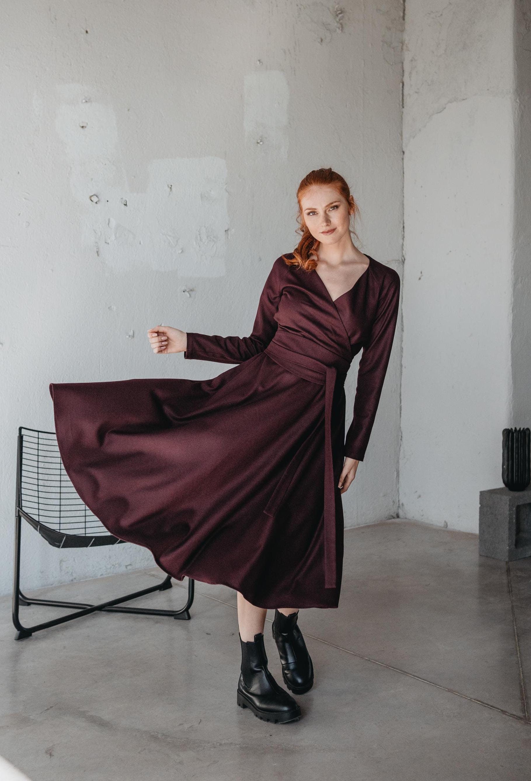 Classic Wool Dress, Wool Clothing, Burgundy Wool Winter Dress for Women, Fall Midi Dress with Pockets, Winter Flare Dress, Warm Formal Dress