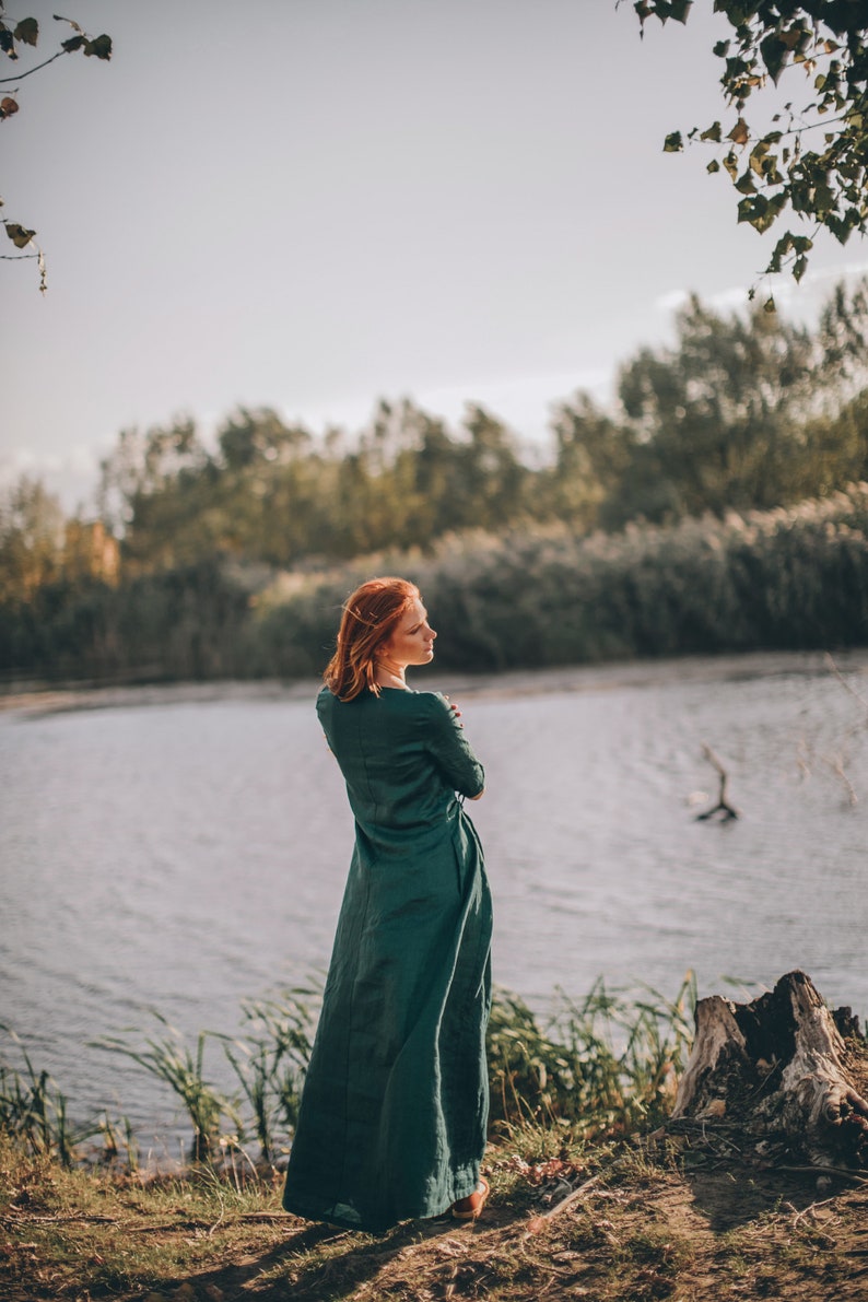 Deep Green Linen Dress, Linen Maxi Dress, Linen Dress Women, Summer Maxi Dress, Emerald Linen Dress, Elegant Linen Dess, Plus Size Clothes image 7