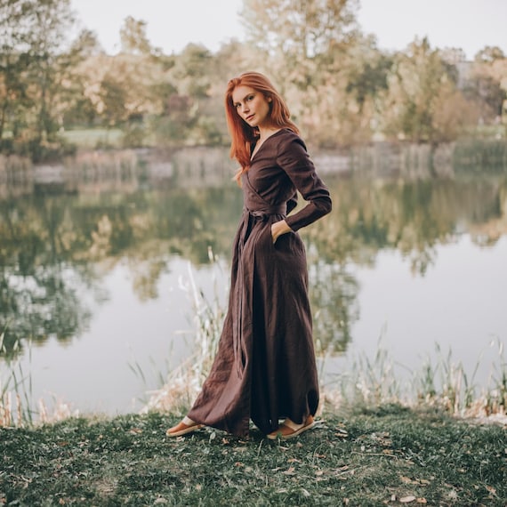Chocolate Brown Linen Wrap Maxi Dress: Long Sleeve, Pockets - Etsy Norway