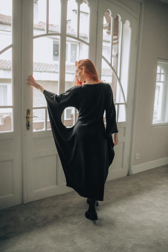 Batwing Sleeve Midi Dress: Draped Cotton blend with Side Cutouts (XS-3XL) Batwing Sleeve Midi Dress: Draped Cotton blend with Side Cutouts (XS-3XL)