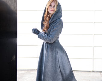 Winter Coat For Women, Merino Wool Coat, Swing Coat, Maxi Coat with Hood, Winter Warm Outwear, Plus Size Winter Clothing, Long Classic Coat