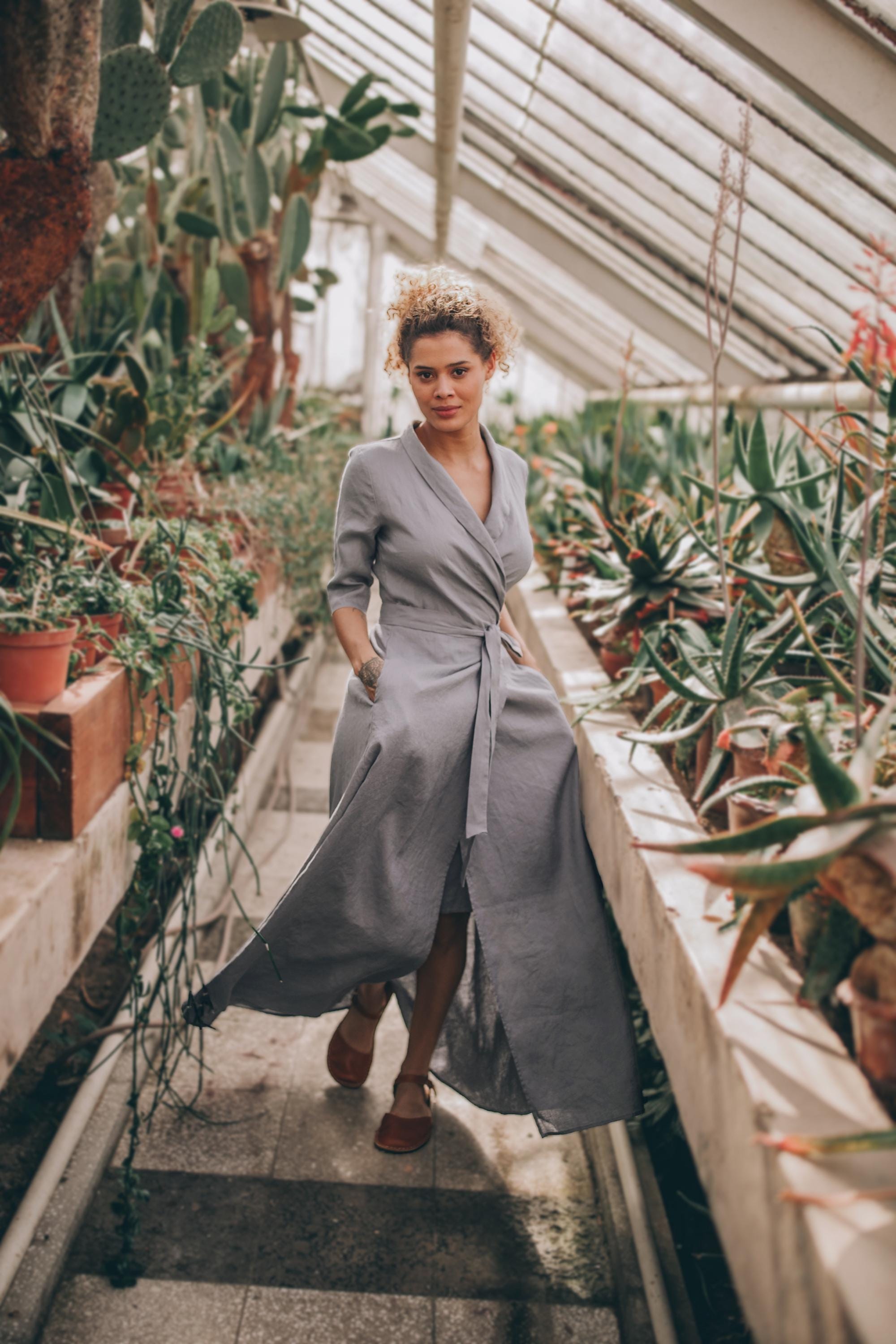 Linen Wrap Maxi Dress with Shawl Collar and Pockets Linen Wrap Maxi Dress with Shawl Collar and Pockets
