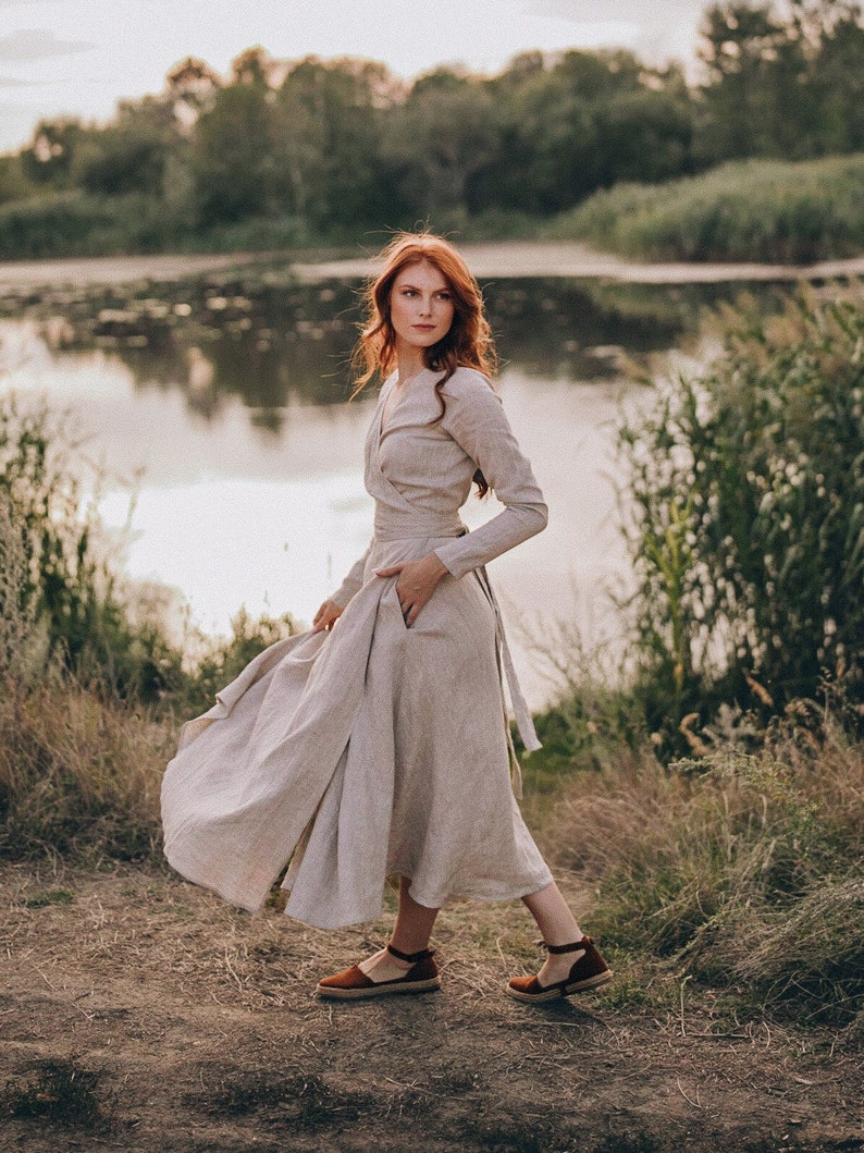 Enjoy the comfort and elegance of this midi linen dress with an elegant tie waist and a V-neck collar. Made of 100% natural washed and soft heavyweight linen that has a thick texture and is perfect for the chillier weather.