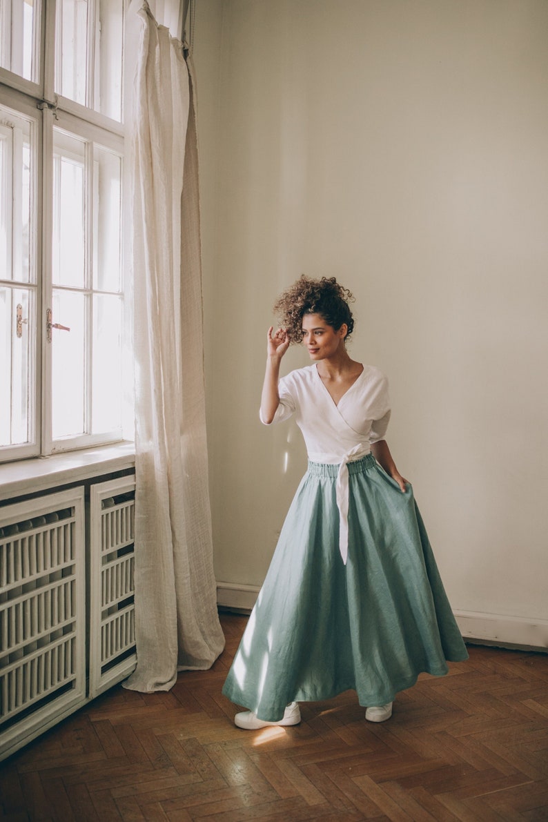 Dusty Turquoise Linen Skirt with Pockets, Summer Skirt for Women, Elastic Waist Simple Skirt, High Waist Skirt, Linen Clothing, Flare Skirt image 1