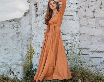 Linen Maxi Dress, Linen Dress for Women, Ochre Linen Dress, Orange Linen Dress, Heavy Weight Linen Dress, Fall Dress, Resort Dress Women