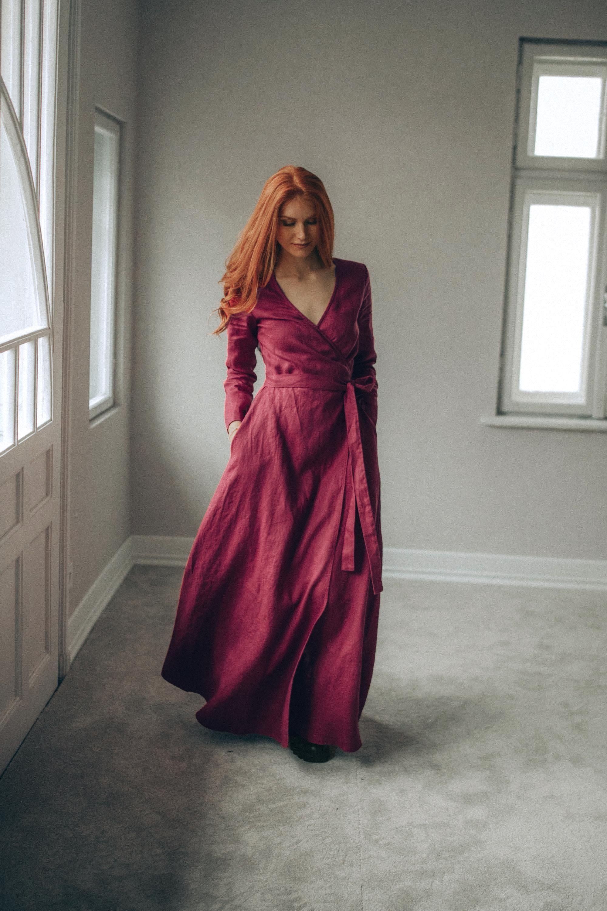 long dress with neck wrap Heavyweight Linen Wrap Maxi Dress, V-Neck, Pockets, Boho Spring Clothing, Plus Size, S / Military