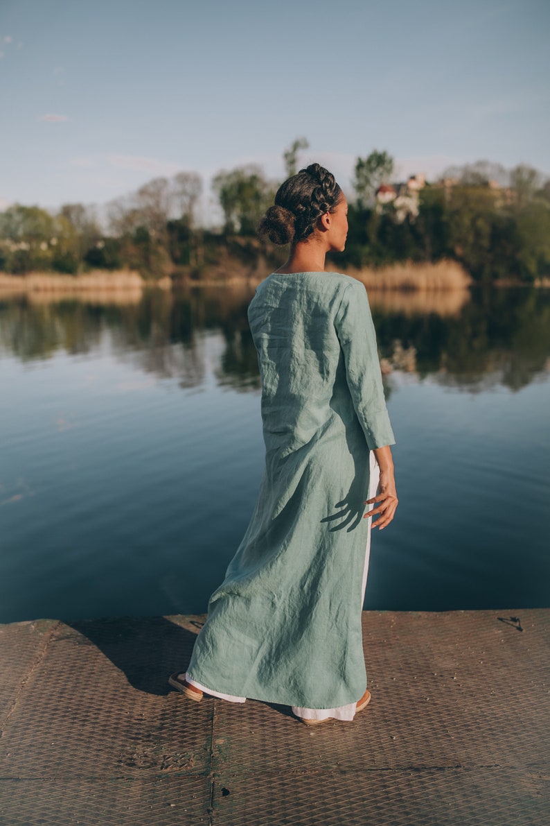 Tunique d'été en lin en turquoise poussiéreux, haut asymétrique en lin, haut grande taille, vêtements bohèmes en lin pour femme, tunique de plage, tenue d'été image 6