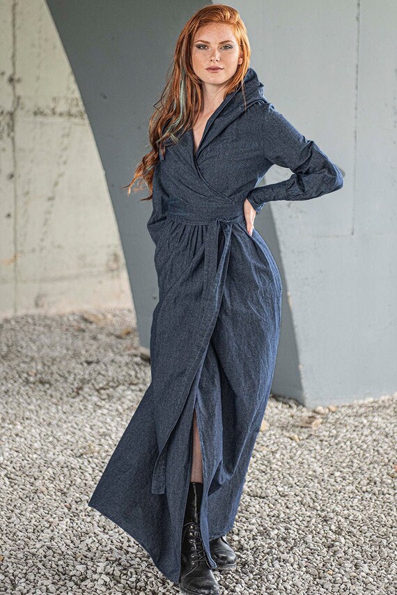 Winter Maxi Dress Denim Linen Dress 