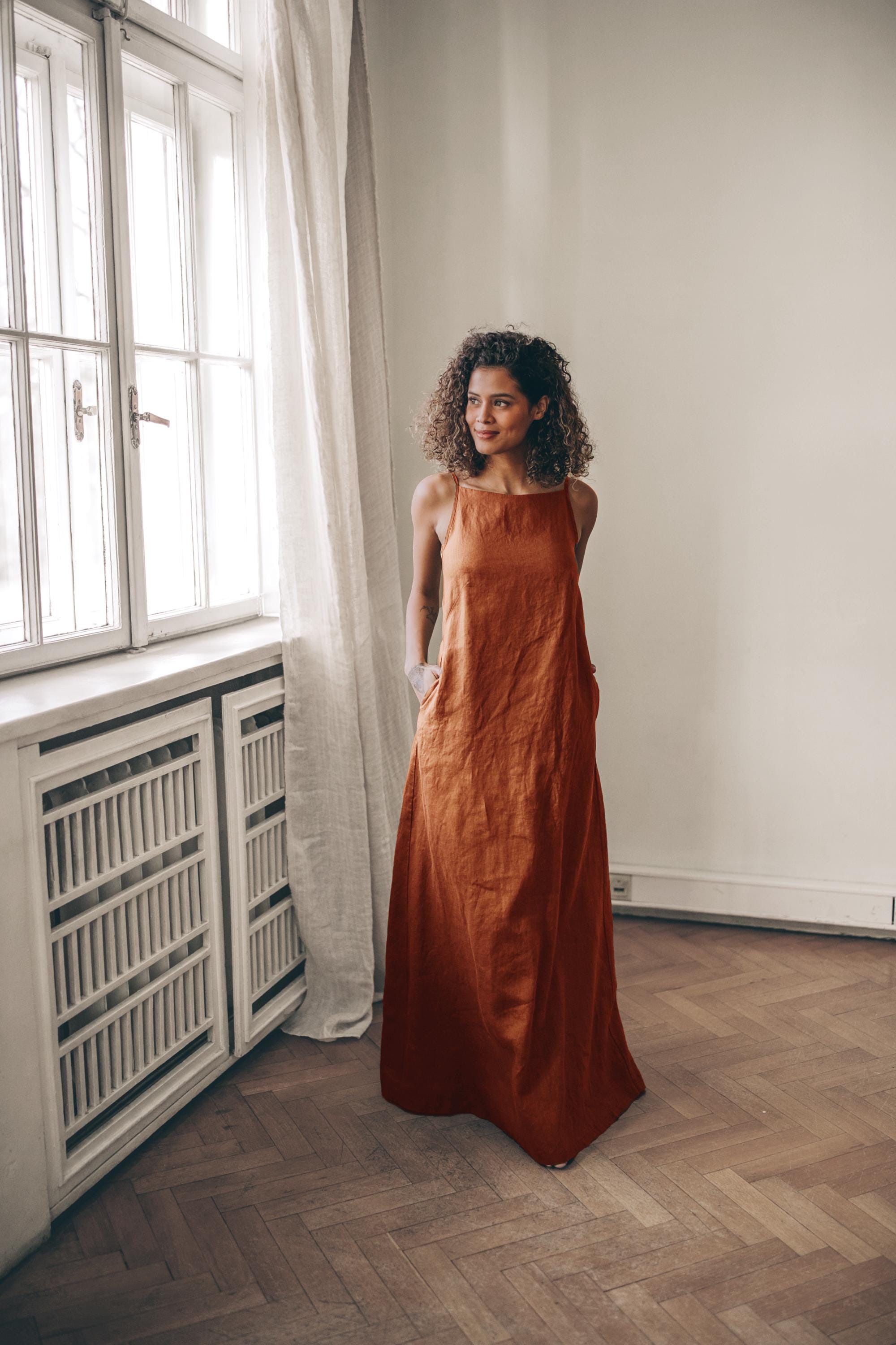 Handmade Ochre Linen Maxi Dress: Sleeveless Boho Summer Clothing