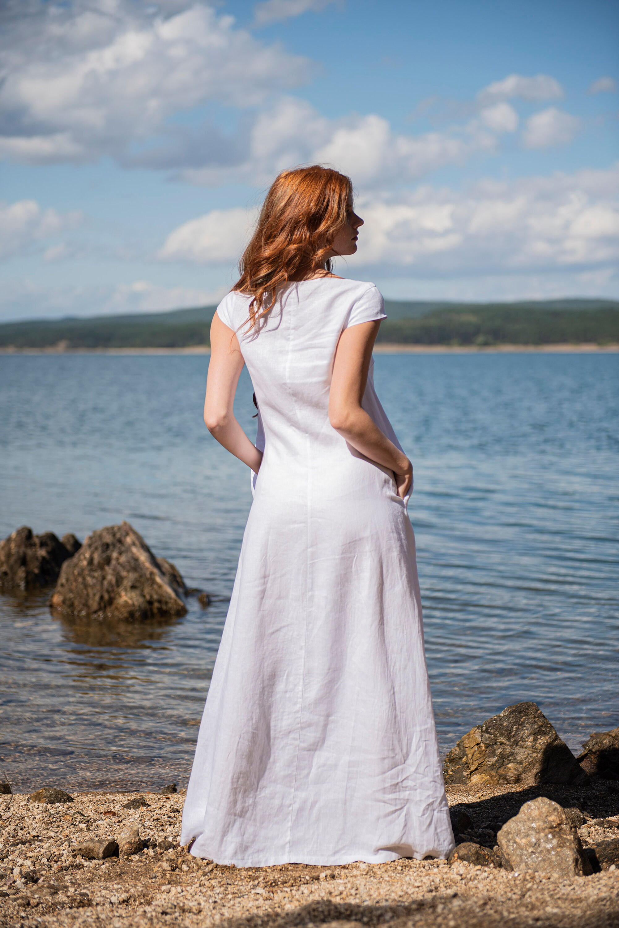 Casual white linen dress sale