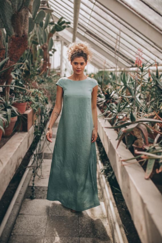 Linen Maxi Dress with Cap Sleeves, S / Dusty Turquoise