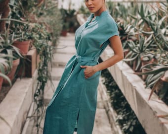 KATE Linen Midi Dress, Short Sleeves, Rubber Waist, With Belt - Etsy