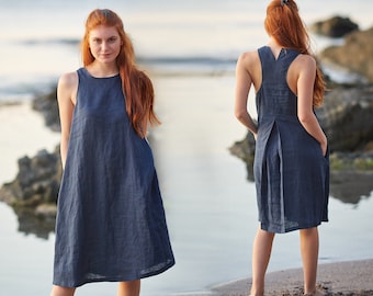 Ärmelloses Leinenkleid, Midi-Länge, Leinenkleidung für Frauen