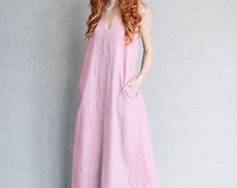 Linen Maxi Dress, Pink Summer Dress, Bohemian Style, Minimalist Clothing