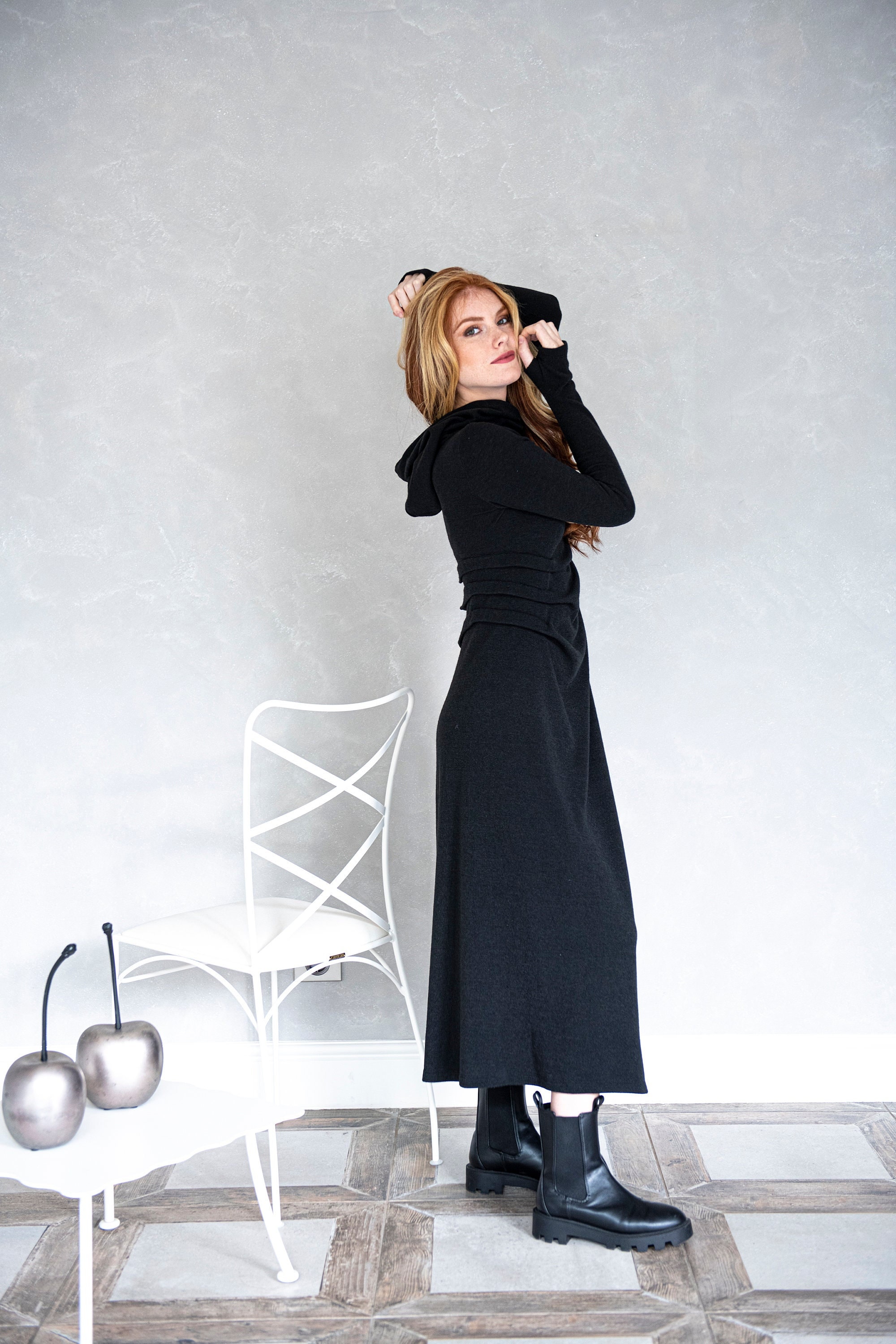 Maxi Sweater Dress: Hooded Black Knit - Cozy Fall Winter Style