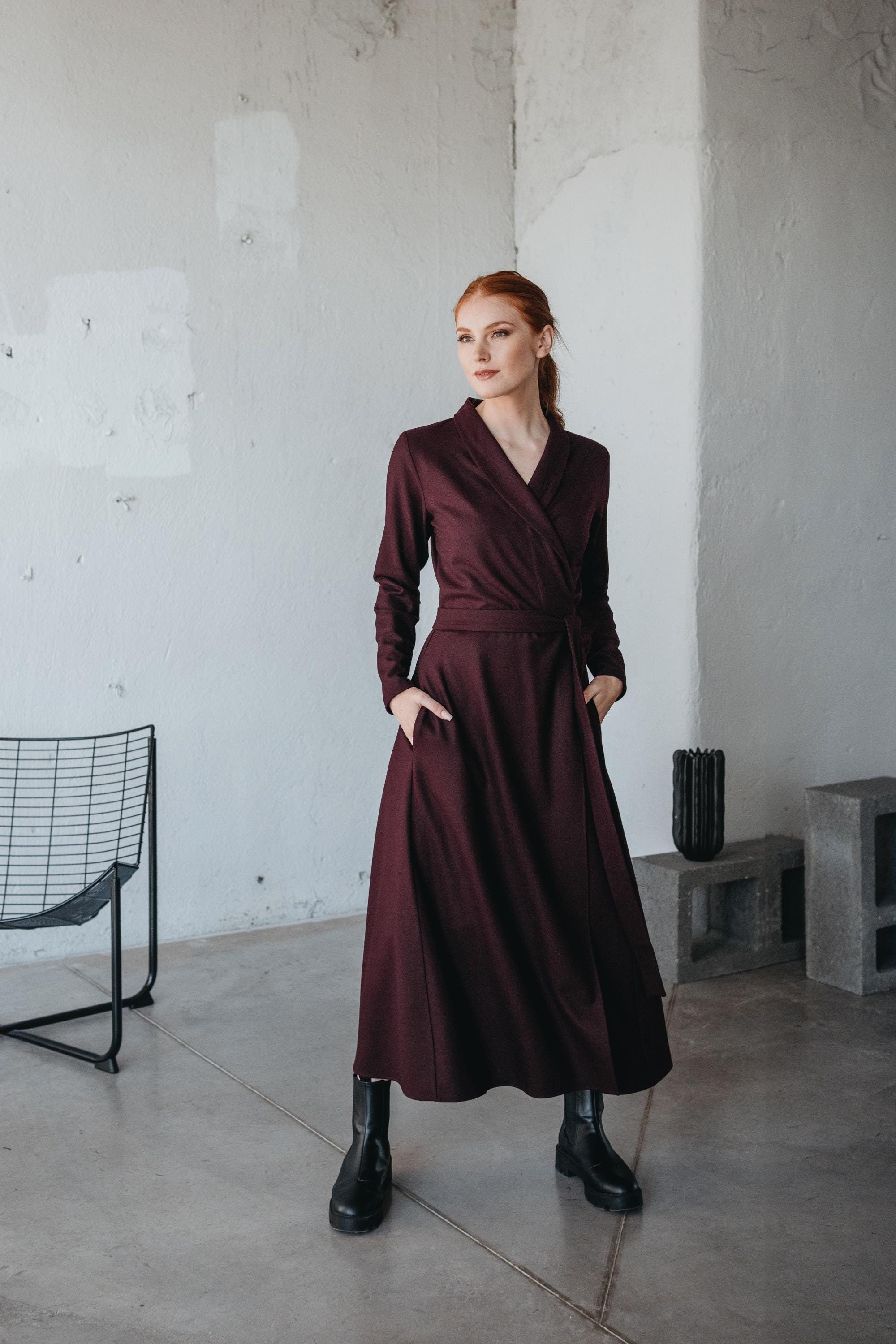 Wool Wrap Maxi Dress with Shawl Collar and Pockets